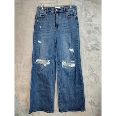 RISEN JEANS Wide Leg Crop Distressed Denim Blue Jeans Women's Size 13/31
