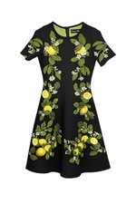 Oscar de la Renta Black Fit & Flare Short Sleeve Dress, Floral Lemon Embroidery