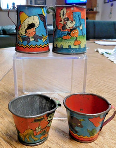 Vintage Tin Litho. Two Cups & Two Pitchers, Mickey Mouse & Mexican Theme.