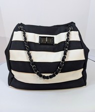 Chanel Black and White Striped Fabric Shopping Tote
