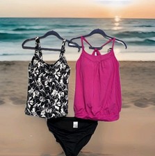 Lands' End Size 8 Swimsuit Set 3piece Tankini SwimbTop  Bottom Pink Black