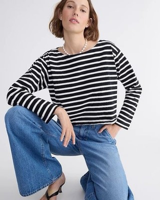 NEW J.Crew Cropped Boatneck Top in Mariner Black Stripe Size Large BX290