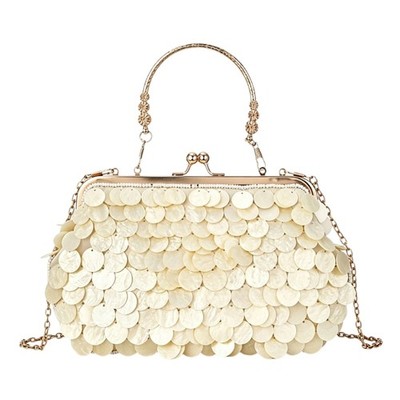 Cream Evening Handbag with Beaded Finish Shoulder Bag for Parties and Dinners
