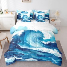 Ocean Queen Bed in A Bag 7 Piece Blue Sea Comforter Set Ocean Waves Bedding S...