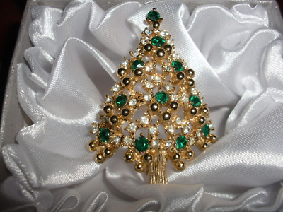 HTF~VTG~Eisenberg Ice Rhinestone Christmas Tree Brooch 2''Tx1.75''W~MINT~