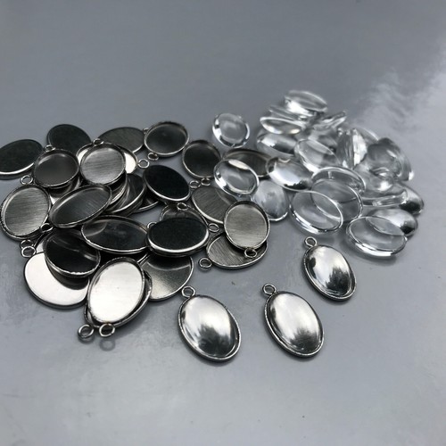 Cabochon Tray Glass Dome Set OVAL Smooth Stainless Steel Pendant DIY Kit 14-30mm - Picture 13 of 39