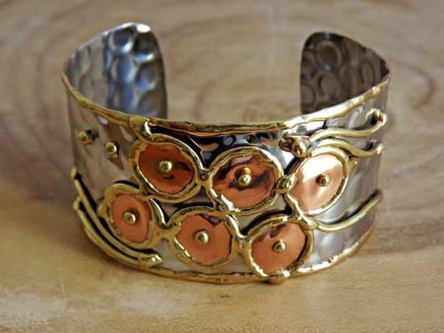 Welded Copper Brass Adjustable Cuff - Artisan Handcrafted Bracelet Happy Circles - Picture 3 of 3