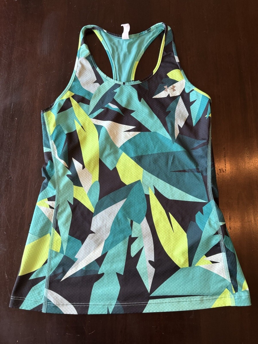 EUC Women's HeatGear Armour Racer Print Tank Green Yellow Black Sz