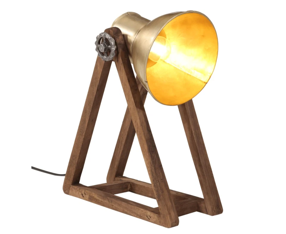 Vintage Schreibtischlampe aus Mangoholz und Metall 25W Industriestil Messing - Bild 1 von 4