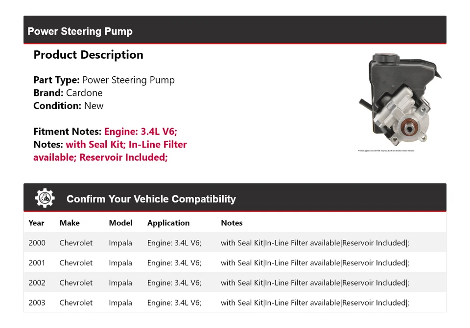 Bomba de dirección asistida Cardone 2001 2002 para Chevrolet Impala 2000-2003 3,4 L V6 Foto 2 de 4