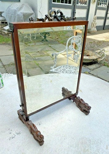 Antique Oriental Influenced Mahogany Vanity Dresser Mirror Figural Dragon Feet - Picture 5 of 11