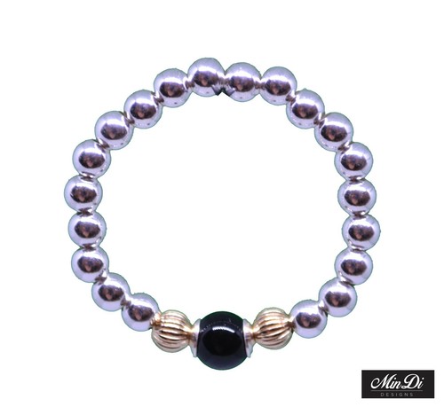 Anillo elástico relleno de oro de 14K, ónix negro y plata de ley. - Imagen 3 de 4