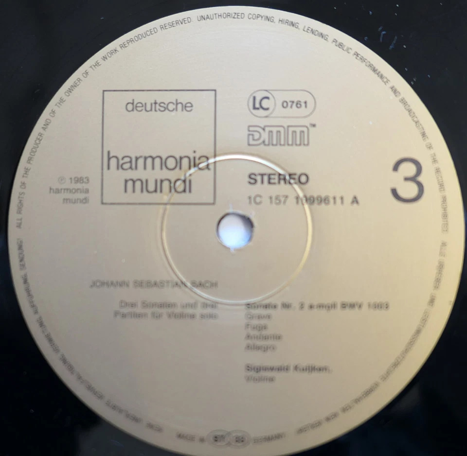 Sigiswald Kuijken Bach Sonatas & Partitas Violin 3LP Harmonia Mundi 1999603 EX - Image 3 of 4
