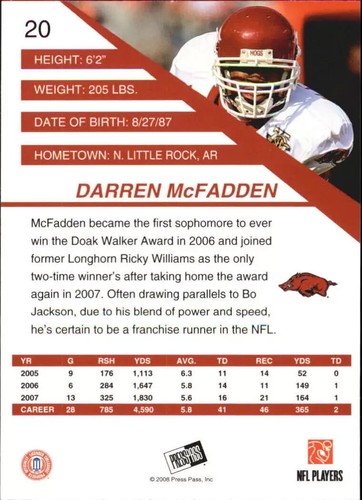 2008 Press Pass SE DARREN MCFADDEN #20 ARKANSAS RAZORBACKS 🏈 - Picture 2 of 2