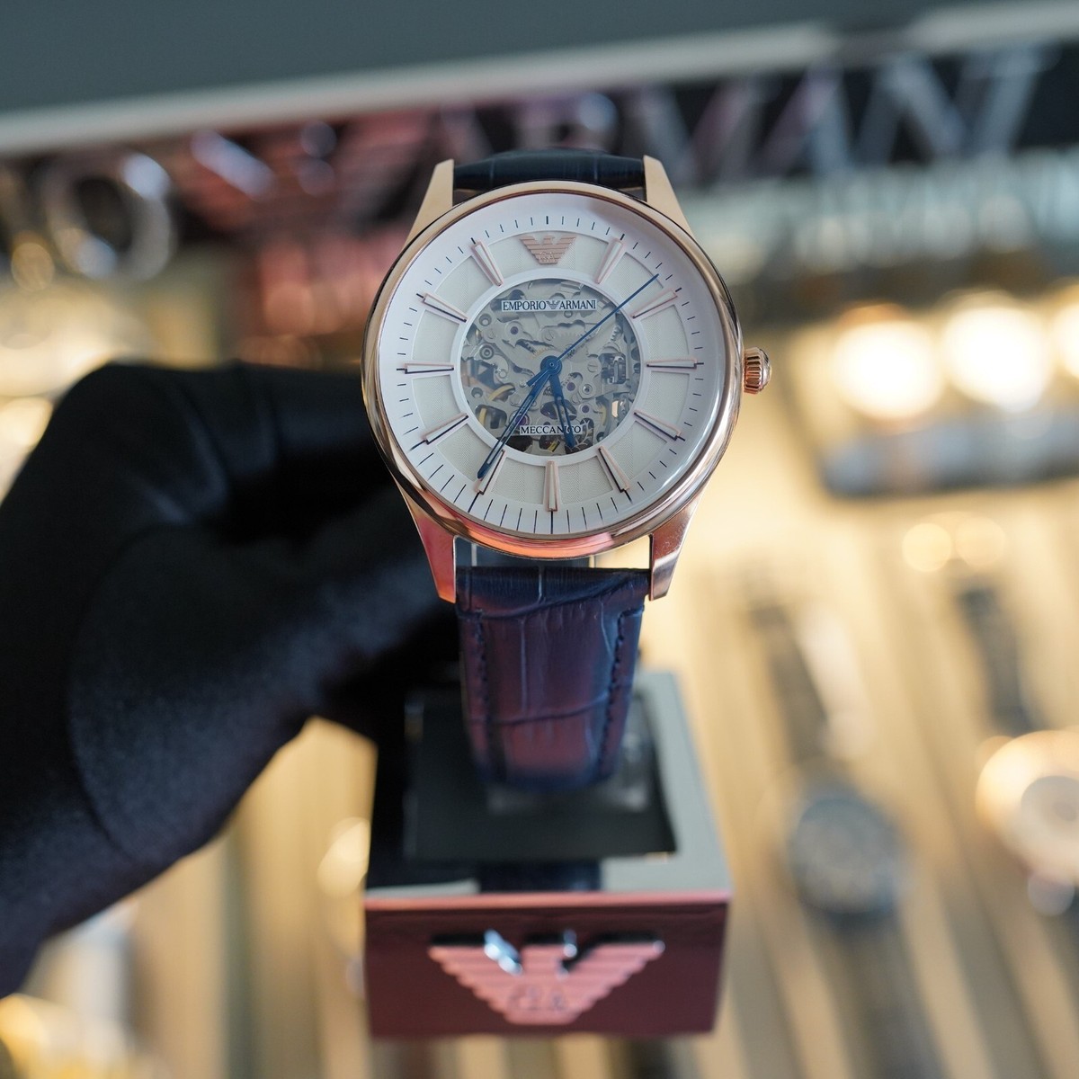 EMPORIO ARMANI スケルトンアナログ腕時計 EMPORIO ARMANI Automatic Silver White Skeleton Dial Men's Watch