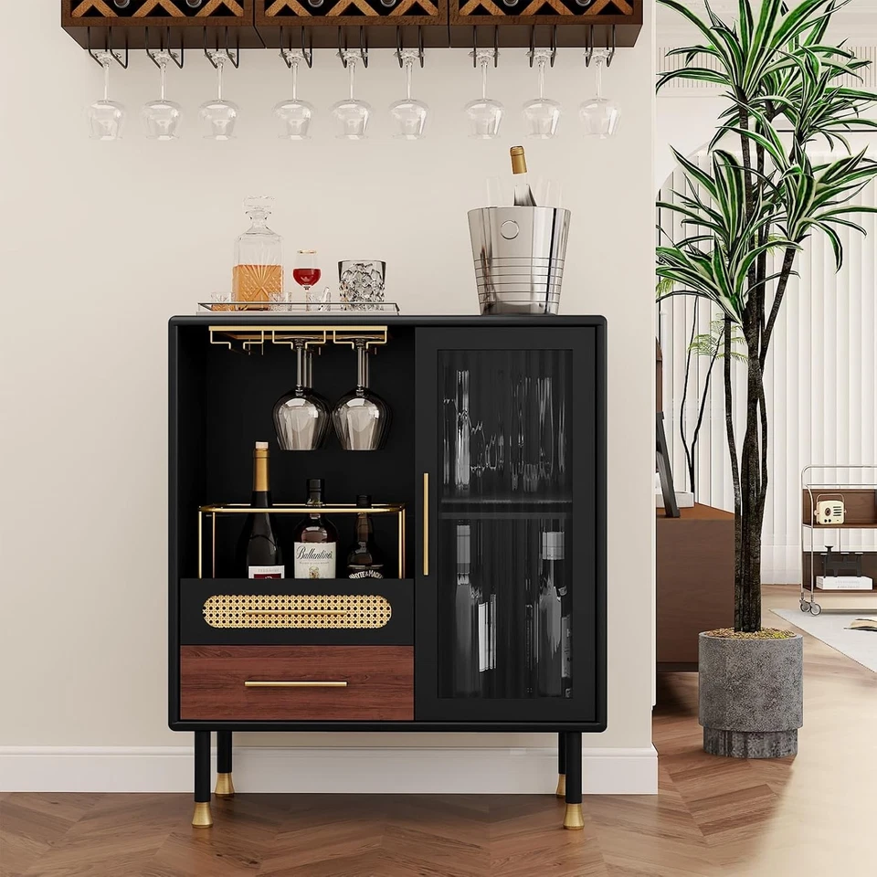 Modern Coffee Bar Cabinet with Wine Glass Rack and Drawers, Black Liquor Cabinet - Image 3 of 4