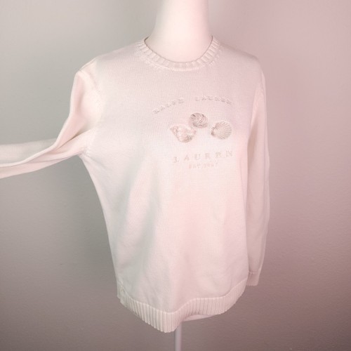 VINTAGE RALPH LAUREN White Knit Sweater Women's Crew Seashells Coastal ~M - Picture 6 of 22