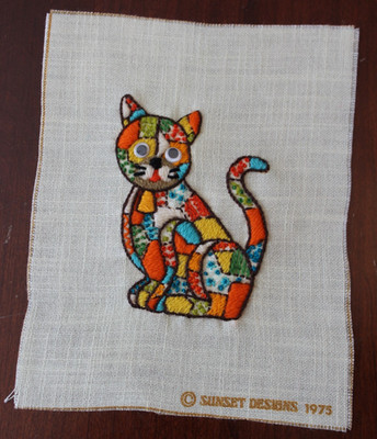 Completed Crewel Embroidery Patchwork Cat Kitten 8x6 Finished/Framed Size