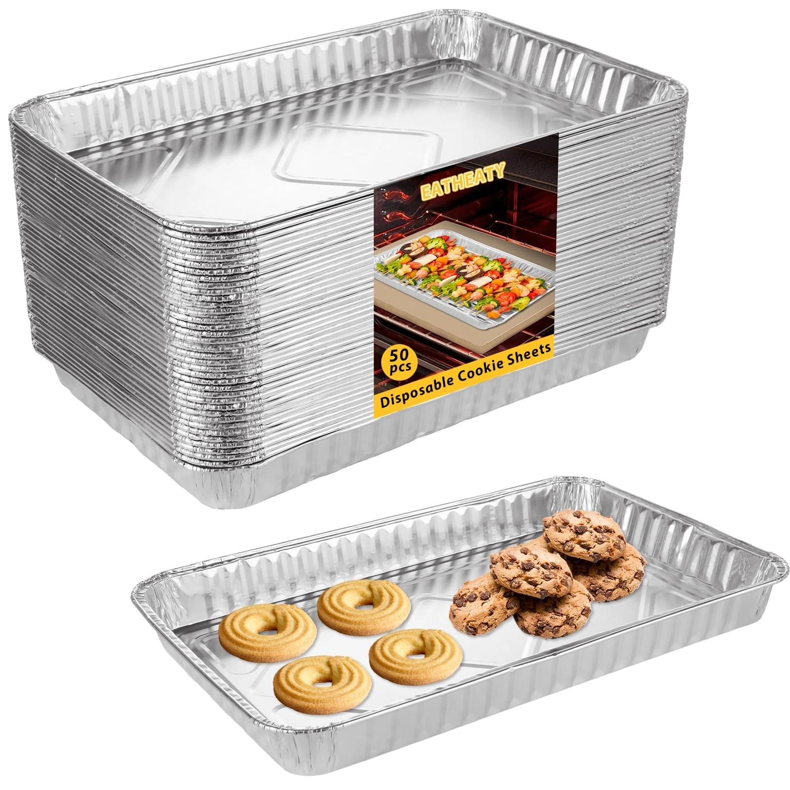 50 Pack Aluminum Pans Half Size 12.7 x 8 inch Disposable Cookie Sheets Baking...