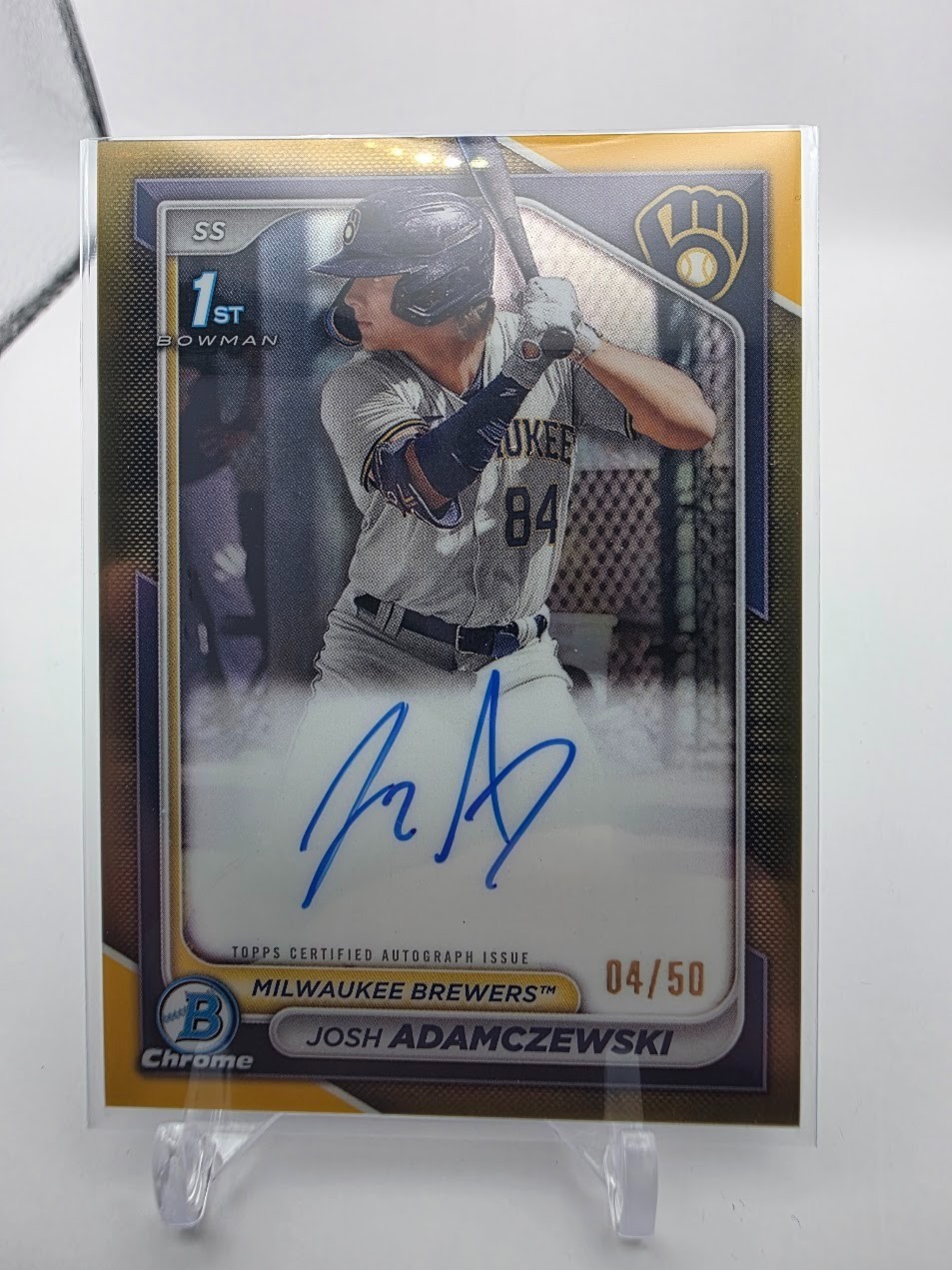 2024 Bowman Chrome Josh Adamczewski Auto Gold Refractor 1st #/50 Brewers