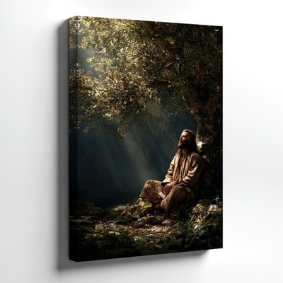 Wall Art Spiritual Man Praying Under Tree Sunlight Religious Canvas Print Decor