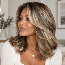 Human Hair New Fashion Layered Long Natural Golden Brown Wavy Women's Wigs 14in