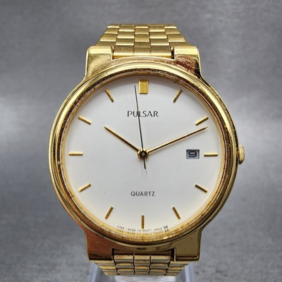#ad Pulsar Watch Men 32mm White Dial Gold Tone Date Round V322 6380 New Battery $25.49