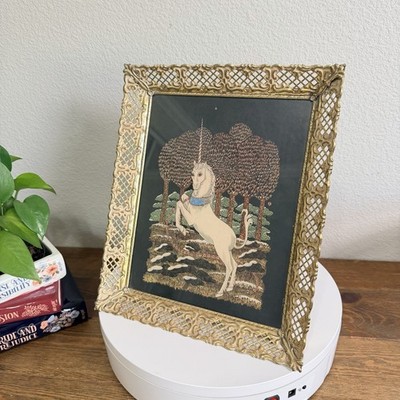 Vintage 1980 Cosmic Unicorn  Out of Captivity  Print Metal Framed Gold 11x9''