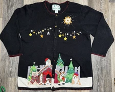 The Quacker Factory Christmas Cardigan Sweater Women's 1X Dog's Christmas Tree