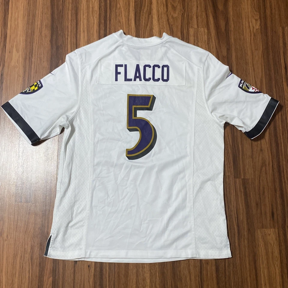 巴尔的摩乌鸦队球衣男式 M 白色 NFL 足球 Joe Flacco #5 耐克聚酯纤维 — 第 2/4 张图片