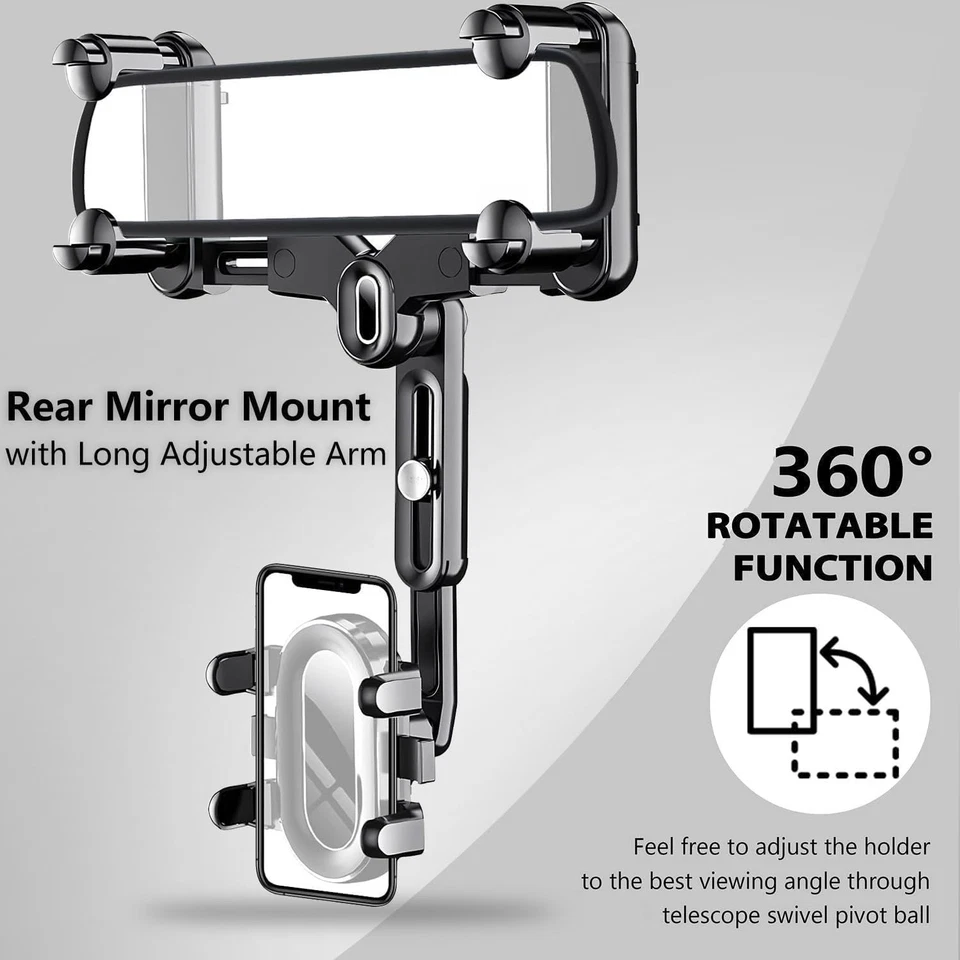 Car Rearview Mirror Phone Holder 360° Rotating Retractable Adjustable Mount - Image 4 of 4
