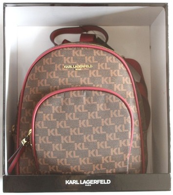 Karl Lagerfeld Paris Small Brown/Red Backpack Purse LH2KE8CE Allover Logo