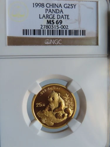1998 China Panda G25Y NGC MS69 gold 1/4oz 25 yuan large date ld