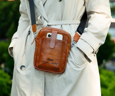 Crossbody Leather Bag with Phone Compartment, Modern Travel Accessory, Wallet