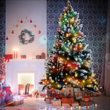 4/5/6/7FT Snow Flocked Artificial Christmas Tree Spruce Decoration w/ LED Lights