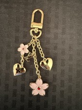 Gold Tone Pink Cherry Blossom Heart Bag Charm Keychain Purse Charm