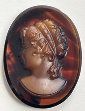 Vintage Oval Brown Glass Tortoise Shell Cameo Beautiful Girl With Upswept Hair