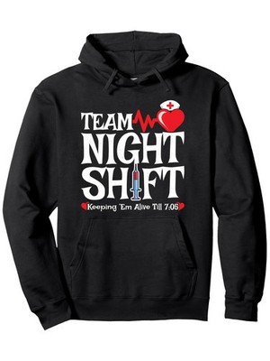 ''TEAM NIGHT SHIFT'' Hoodie - 50% Cotton, 50% Polyester, Black S with Nurse Cap & 