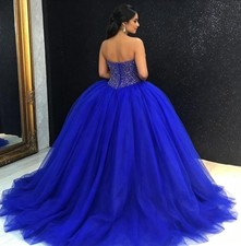 Royal Blue Strapless Sweetheart Quinceanera Dress Beaded Fluffy Tulle Ball Gown