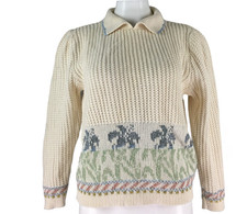 Vintage Sweater Loft Pullover Collared Ivory Floral Iris USA Made Cotton Blend M