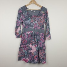 White Stuff Floral Short Dress Women's UK 12 Grey Scoop Neck Long Sleeves Boho
