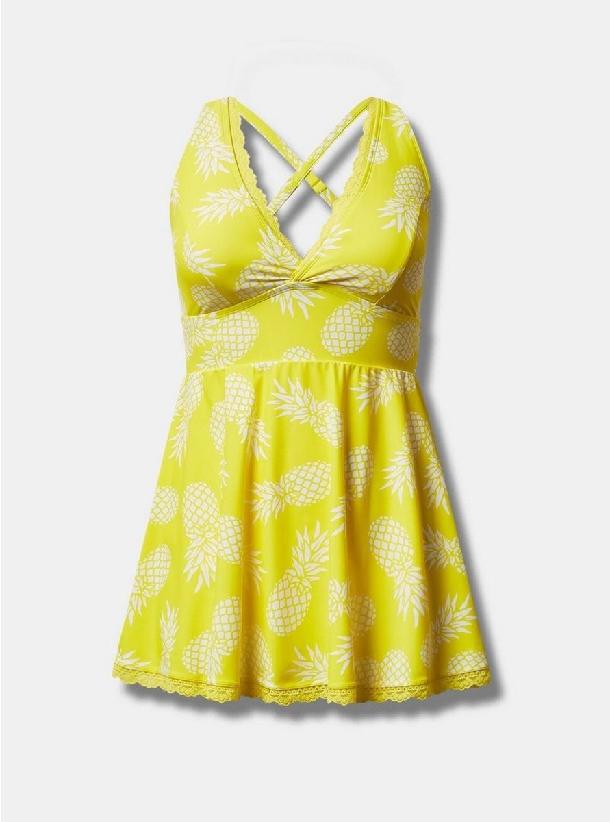 Torrid Wireless Mid Lace Trimmed Swim Dress Yellow 0 L 12 #E00355 Torrid Wireless Mid Lace Trimmed Swim Dress Yellow 0 L 12 #E00355