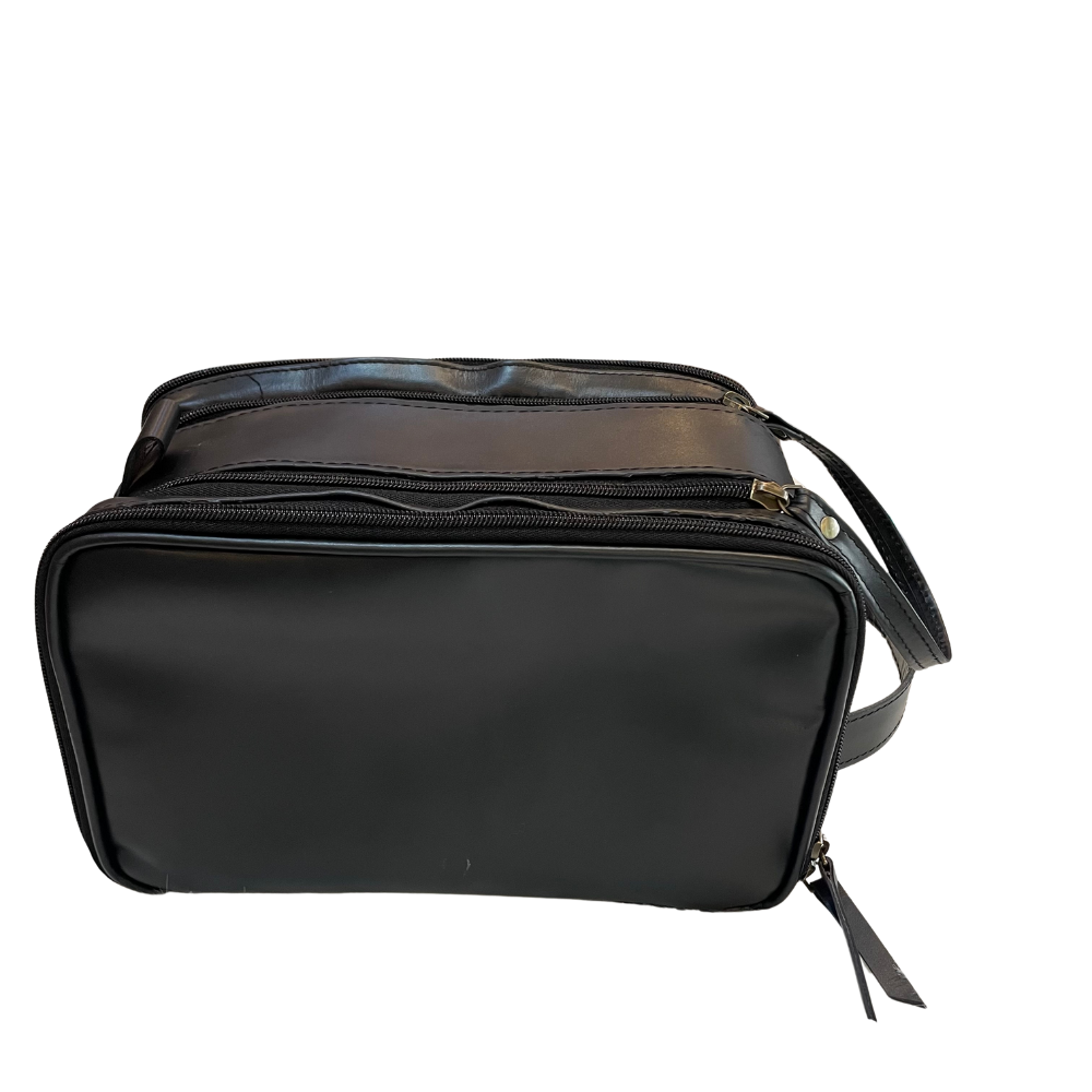 Men's Black Leather Toiletry Bag and Shaving Kit Spacious Dopp Kit