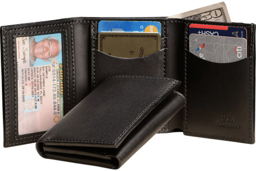 Black Premium Leather Trifold Wallet With ID Window
