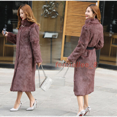 Women's Real Rabbit Fur Long Jacket Winter Warm Stand Collar Coat