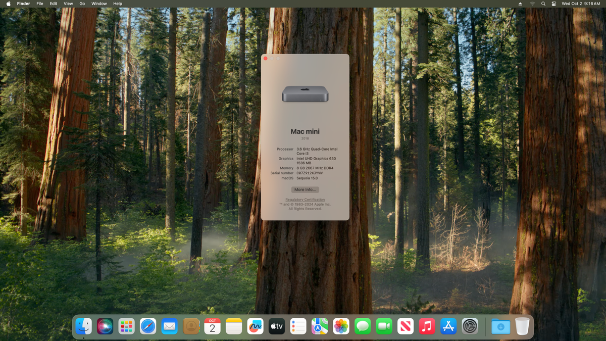 macOS Sequoia Apple Mac Mini A1993 (2018) i3-8100B 3.60GHz 8GB RAM