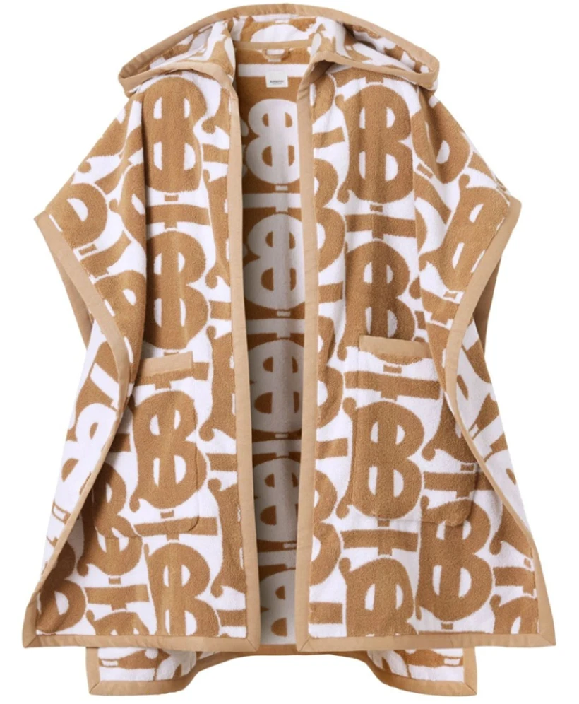 Burberry logo TB con cappuccio cotone spugna doccia mantello da spiaggia bianco beige taglia OSFA