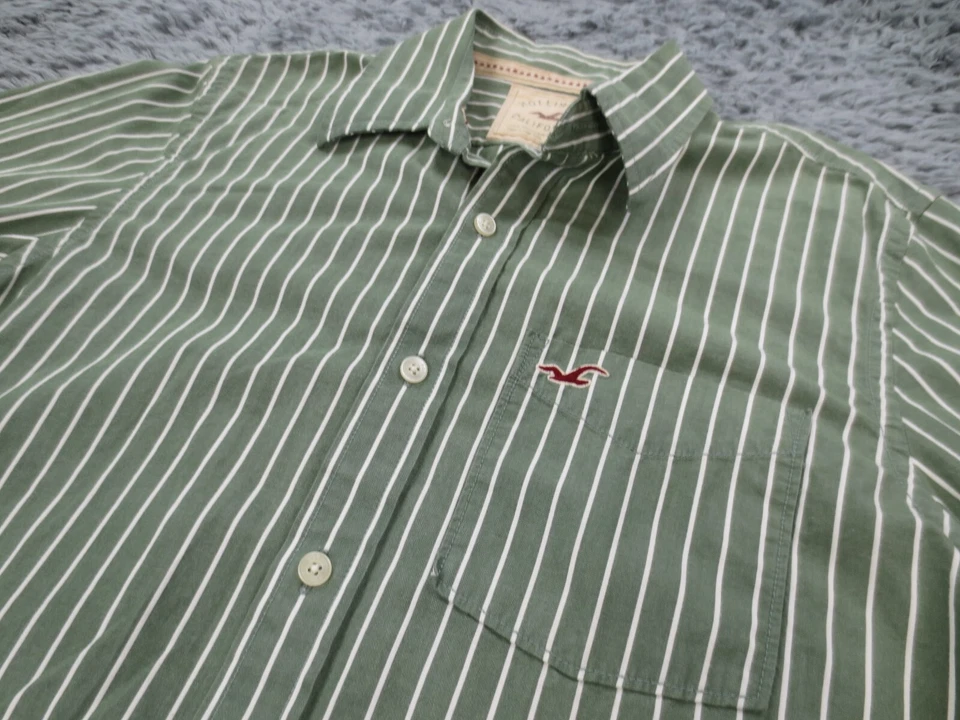 Hollister Shirt Mens Large Green Striped 100 Cotton Long Sleeve Button Up Logo - Image 2 of 4