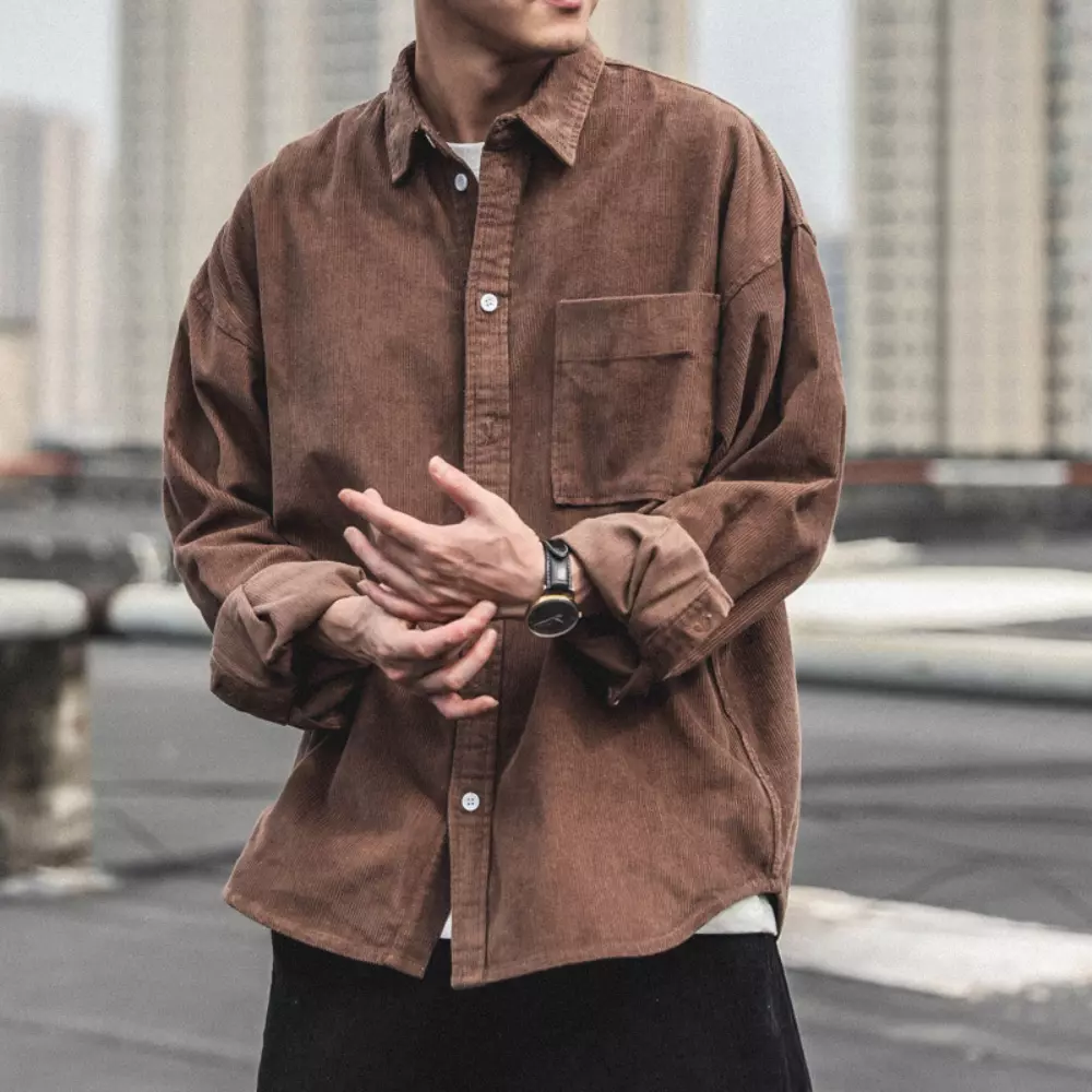 Men Corduroy Shirt Top Blouse Casual Formal Loose Retro Long Sleeve Vintage Chic