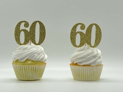 60th Birthday Cupcake toppers (SET OF 12) Gold Glitter birthday cupcake toppers - Picture 3 of 3
